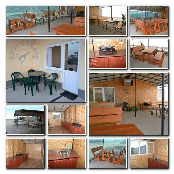 Пансионат Афалина. Степановка-1. Кухня и терраса с деревянными столикам у пляжа